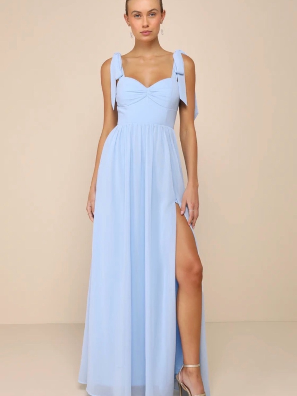 Lulu's Light Blue Tie-Shoulder Sweetheart Slit Maxi Dress - Homecoming ready!